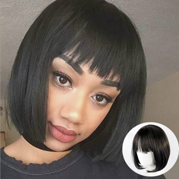 Neat Bang Bobo Short Straight Hair Wig Chemical Fiber Hair Headgear for Women
