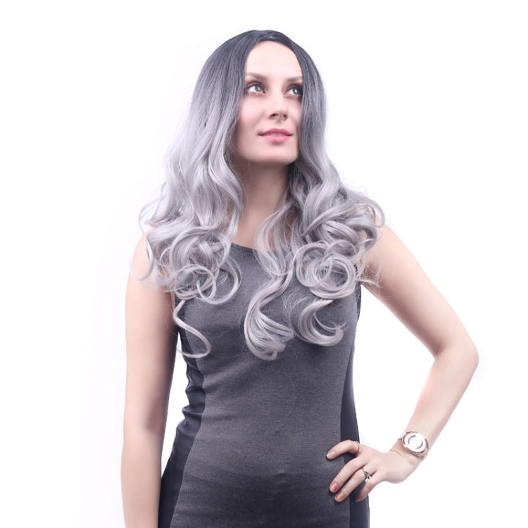 Women Medium Haircut Bangs Black Gradient Granny Grey Long Curly Big Wave Wig
