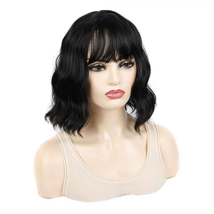 Water Wave Ripple Short Curly Hair With Bangs Fluffy Wig Headcovers, Natural Black, Chestnut Color, Flaxen Color, Pink, Purple Candy, Orange Red Brown