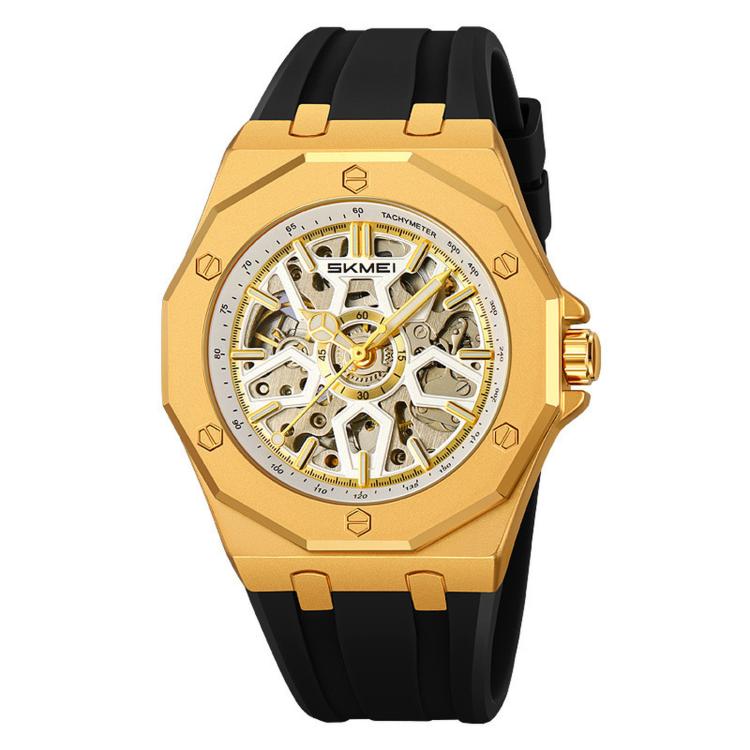 SKMEI M036 Men Automatic Mechanical Watch Skeleton Dial Stainless Steel Business Casual Wristwatch, Gold Silicone Strap, Silver Silicone Strap, Black Silicone Strap, Gold Stainless Steel Strap, Silver Stainless Steel Strap, Black Stainless Steel Stra