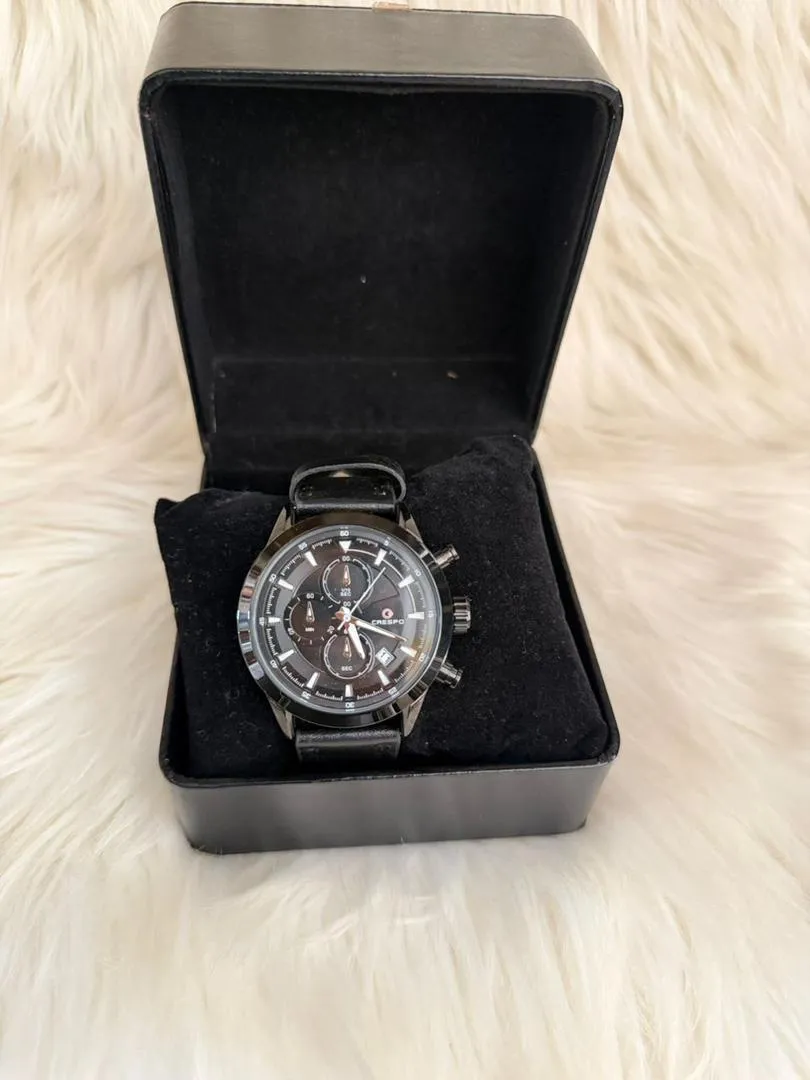Black Leather Chronograph Wrist Watch