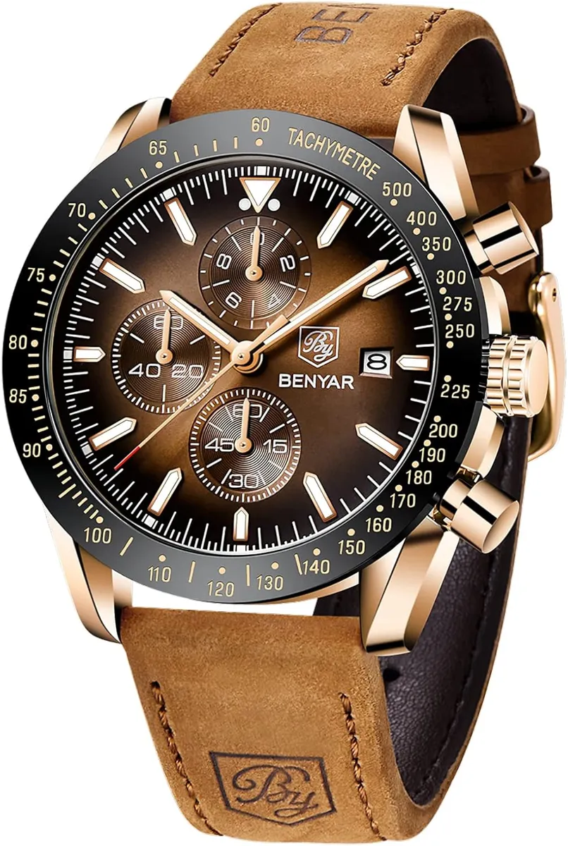 BY BENYAR Mens Watch 100M Waterproof Chronograph Date Watch for Men Brown Leather Strap Quartz Movement Analog Watch Business Casual Gift for Men