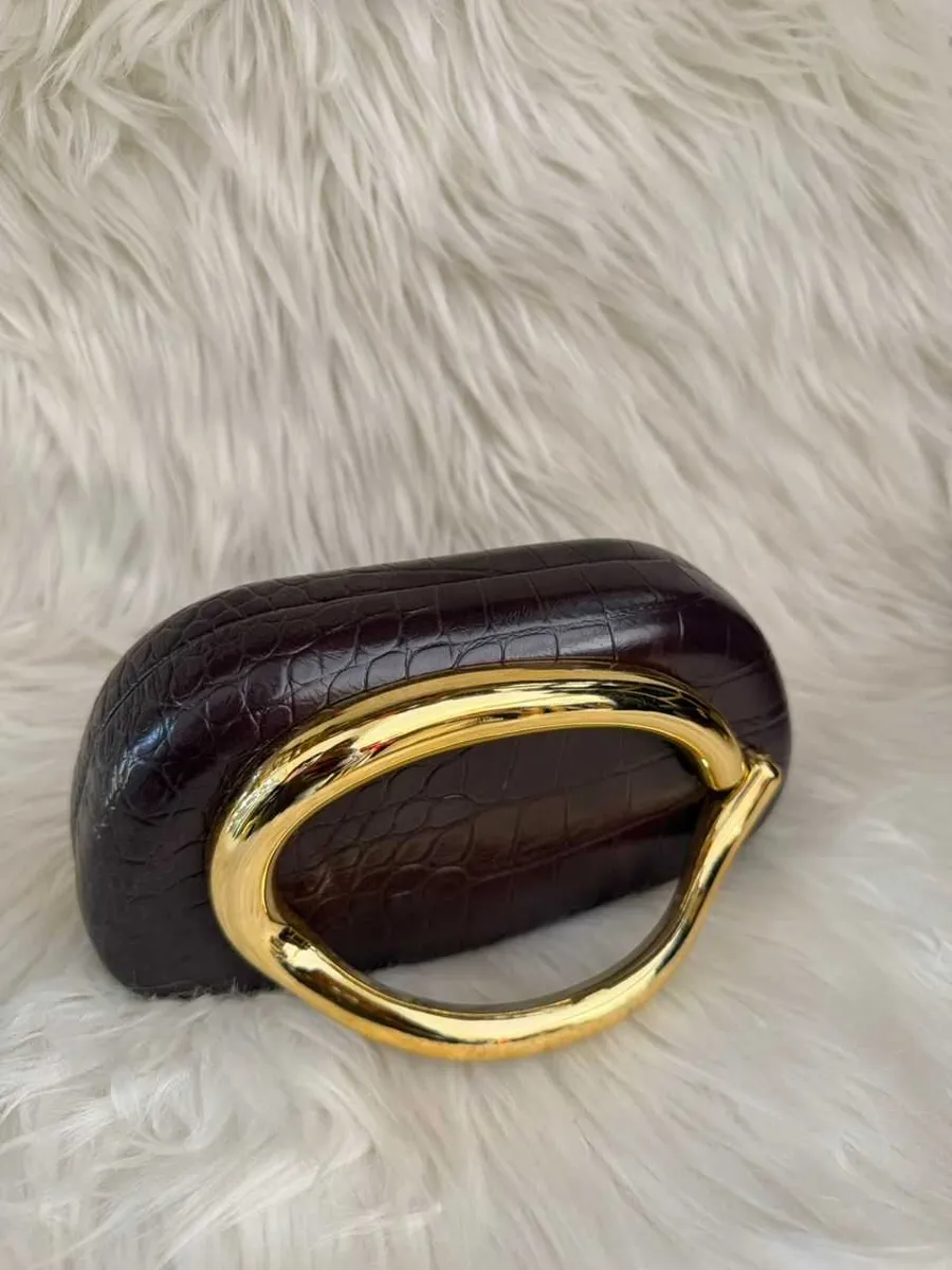 Dark Brown Croc-Texture Ring Handle Handbag